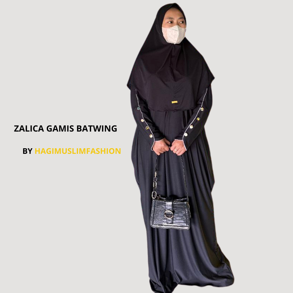 Gamis Abaya Dress Batwing Set Hijab syari Zalica Warna Hitam Polos Oversize Matt Jersey Kaftan Jumbo