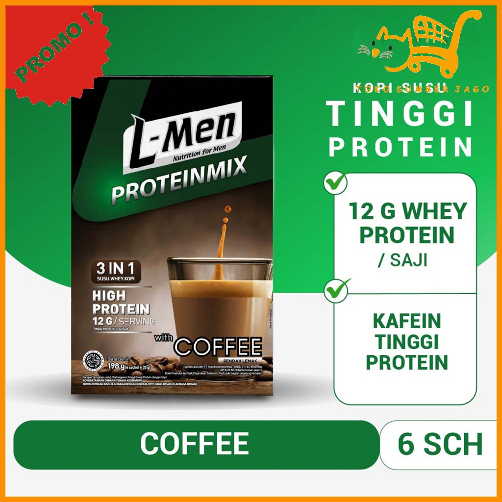 

L-Men Proteinmix Coffee 6 sachet (12g protein) - Suplemen 3 in 1 Tinggi Protein Rendah Lemak