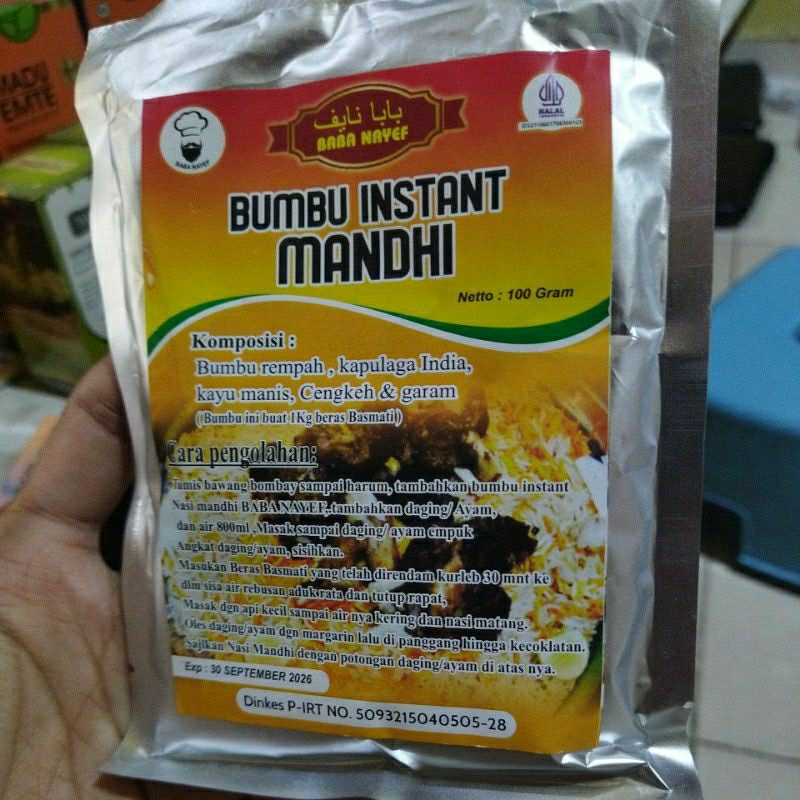 

BUMBU INSTAN NASI MANDHI BABA NAYEF NETTO 100 GRAM UNTUK PENGGUNAAN BERAS SATU KILO GRAM YANG MANA BISA MENGHASILKAN 18 PORSI NORMAL