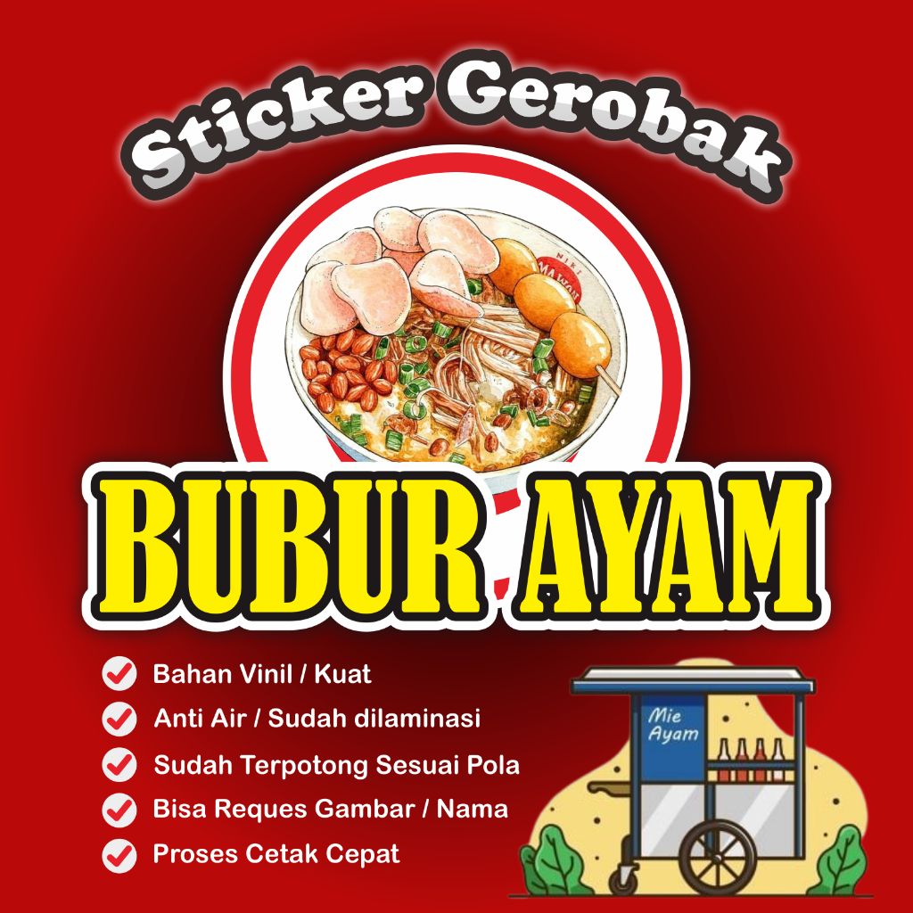 

Sticker Bubur Ayam, Sticker Gerobak, Sticker Etalase, Sticker Kaca, Sticker Nama Usaha, Sticker Custom