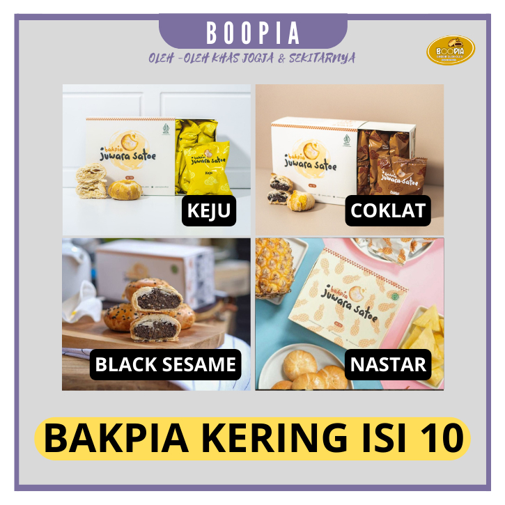 

BAKPIA KERING JUWARA SATOE - BAKPIA CRISPY ISI 10 KHAS JOGJA COKLAT NASTAR KEJU BLACK SESAME