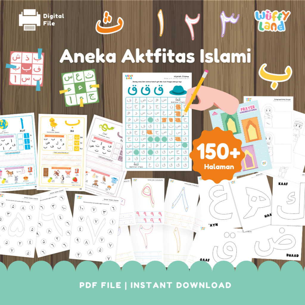WUFFYLAND PDF Printable Aktfitas Islami Worksheet Menulis Huruf Hijaiyah Tema Muslim Paud TK