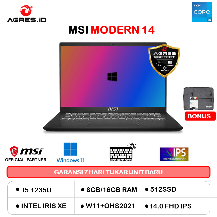 MSI MODERN 14 I5 1235U 16GB 512GB W11PRO+OHS 14.0FHD IPS BLIT 2Y SLV -C12MO.1055