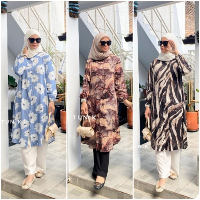 GALERIAZKIYA ALIYA TUNIK/ TUNIK RAYON MOTIF FULL KANCING/ LONG TUNIK YAYUKU BY YAYOE HIJAB/ BAJU TUN
