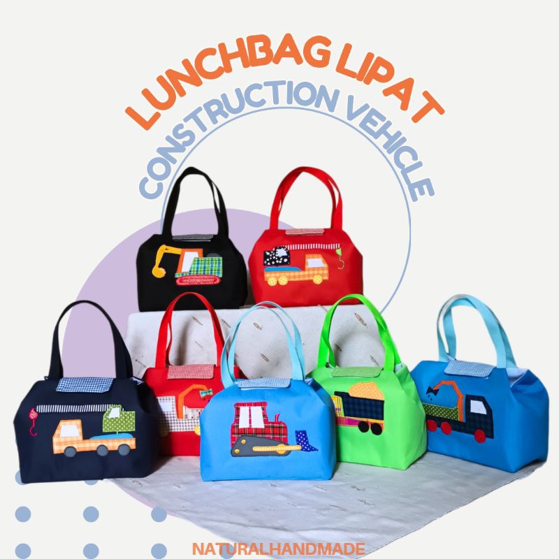 Souvenir Ultah Anak Laki-Laki/ Tas Lunch Box lipat Terlaris/ souvenir Tema Kendaraan Konstruksi