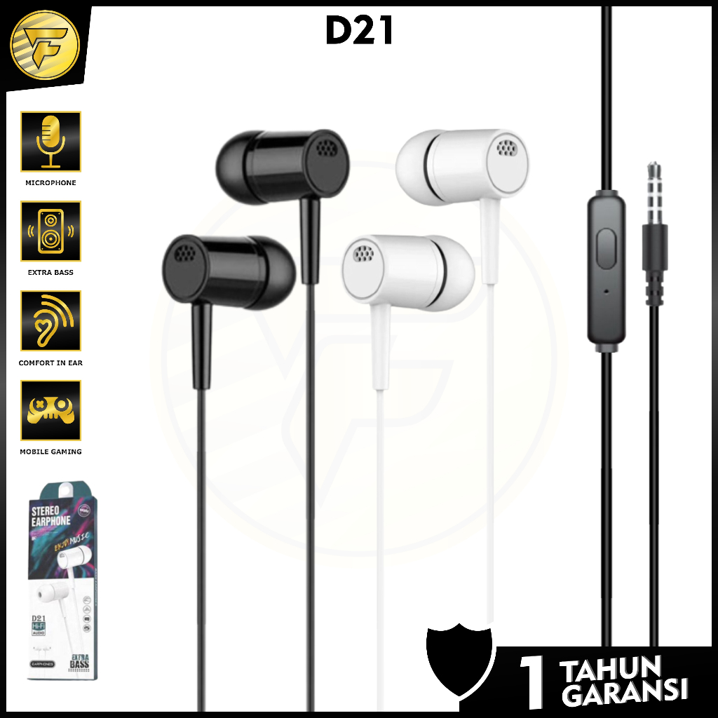 Earphone D21 original stereo bass music telfon gaming daily headset with mic