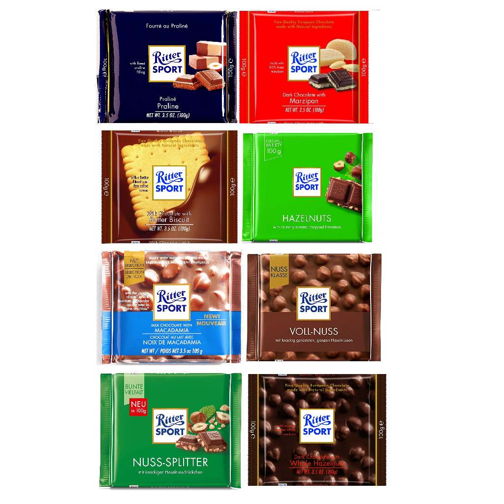 

Cokelat / Coklat / Camilan Ritter Sport Milk Chocolate, Dark Chocolate with Whole Hazelnut, Alpine Milk Choco, Strawberry Yoghurt, Peppermint, 74℅ Intense, 81℅ Dark Choco 100 Gram