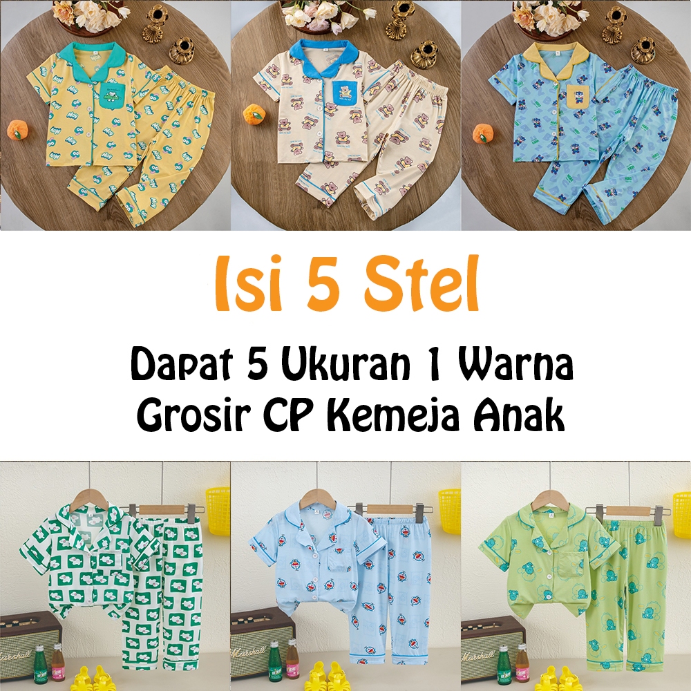 Isi 5 Stel  - Setelan CP Kemeja Anak (Kemeja Lengan Pendek Celana Panjang) / Khusus Grosir Baju Tidu