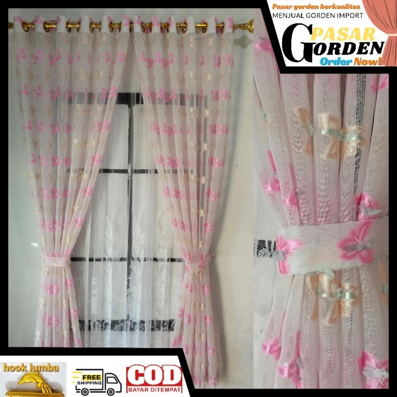 gorden pintu rumah Terbaru Vitrase Ruby Motif Bordir kupu kupu model smokring Ukuran L.130×T.200cm