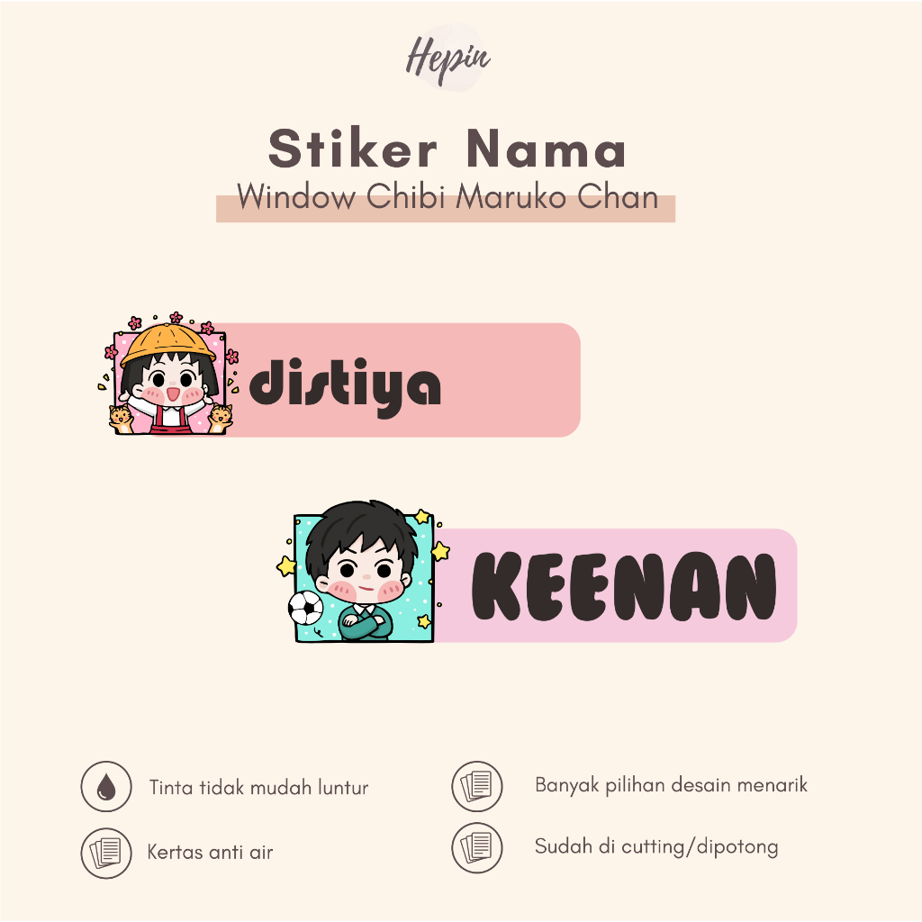 

(90 - 120 pcs) label nama Lucu Window Anime CHIBI MARUKO CHAN / Stiker Nama Anak Murah / Label Nama Custom/cutting stiker nama anda