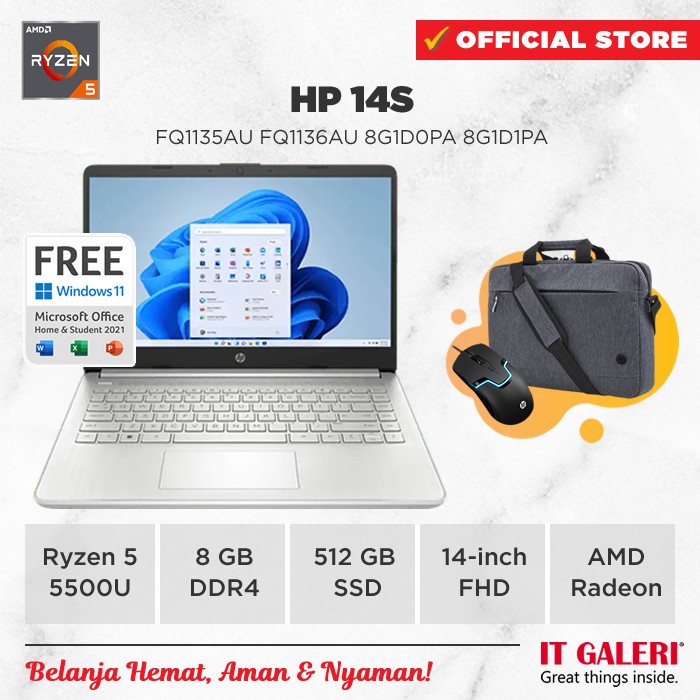 [DISKON 3% s/d 300RB] HP 14s-fq1135AU FQ1136AU /AMD Ryzen 5-5500U/8GB/512GB SSD/14″ FHD IPS/Win 11 H
