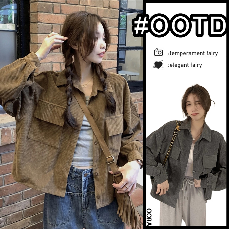 OORA Basic Corduroy Outer kemeja lengan panjang retro Kemeja korduroi pendek single-breasted serbagu
