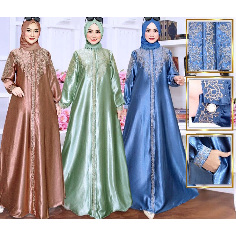FREE HIJAB gamis bordir satin kristal premium size M,L,XL,4L ready jumbo // fashion wanita muslimah 
