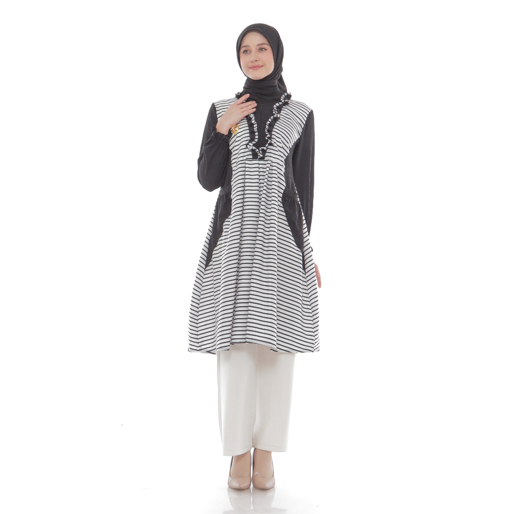 DZELLIA - Gazbiya Tunik Lengan Panjang Kombinasi Salur Warna Putih & Hitam Wanita Muslim Casual