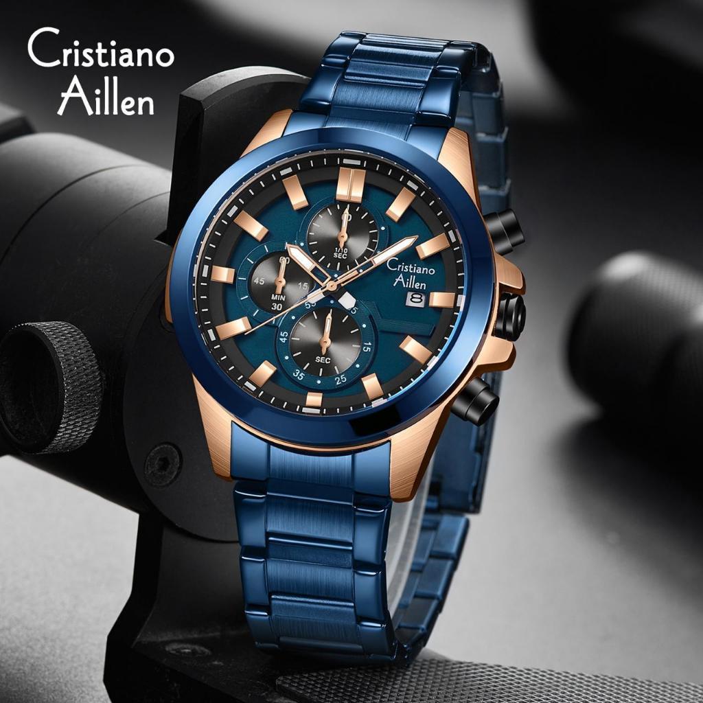 JAM TANGAN PRIA TERBARU  CRISTIANO AILLEN 8892 ORIGINAL BAHAN STAINLESS KACA SHPPIRE CRONO AKTIF