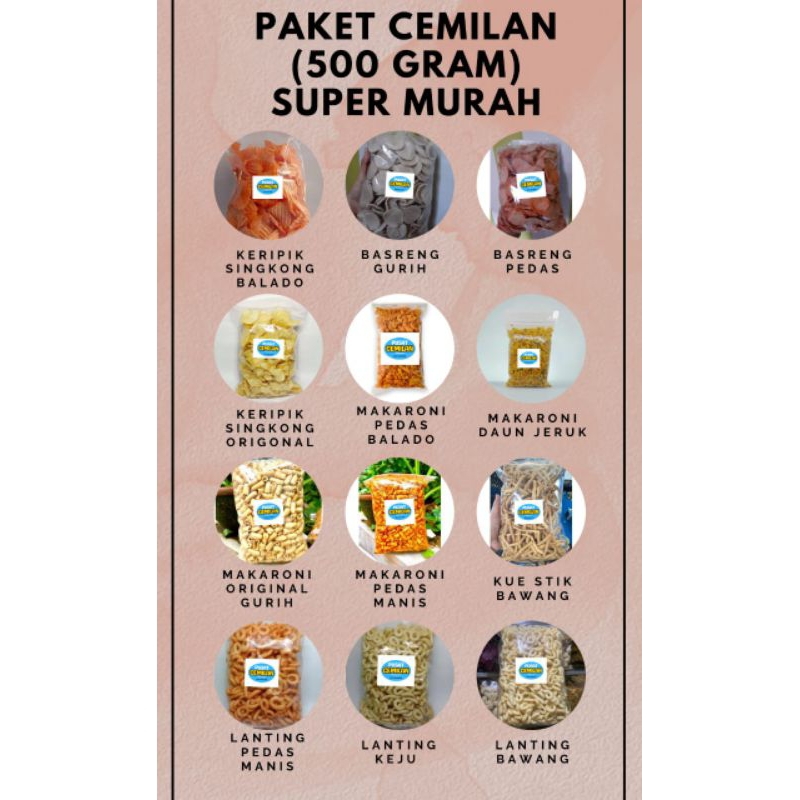 

Paket Camilan Cemilan Super Murah Serba 500 gram | jajanan murah | Keripik singkong ceriping | lanting kelanting alen-alen | makaroni macaroni | stik bawang | Basreng | premium original asin gurih balado pedas manis keju bawang daun jeruk murah enak.