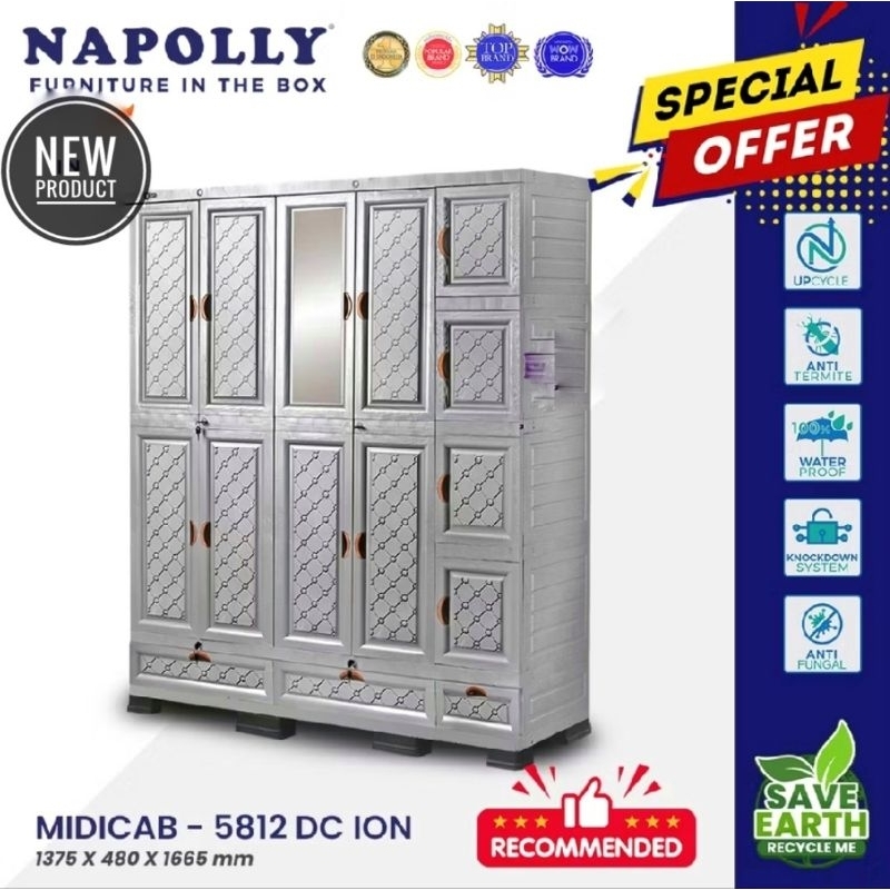 Lemari Pakaian 5 pintu Plastik Minimalis Napolly Jumbo + Kaca