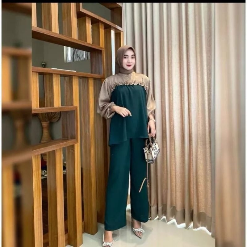 BIG PROMO Setelan Wanita SHANIA Crinkle Airflow Kombinasi Dada Rempel Viral // One Set Crinkle Kombi