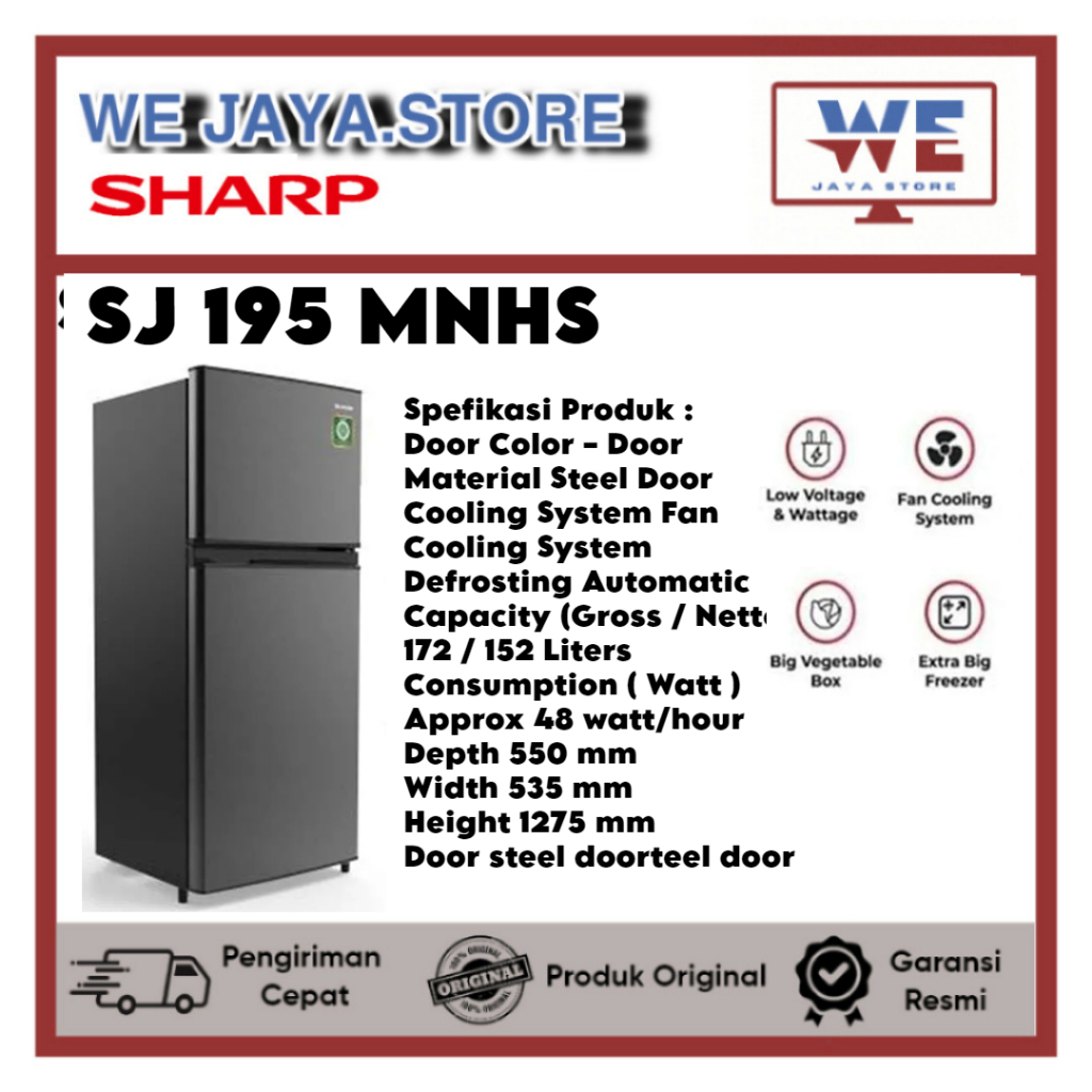 KULKAS SHARP 2 PINTU SJ-195MNHS 172 LITER KULKAS DUA PINTU SHARP
