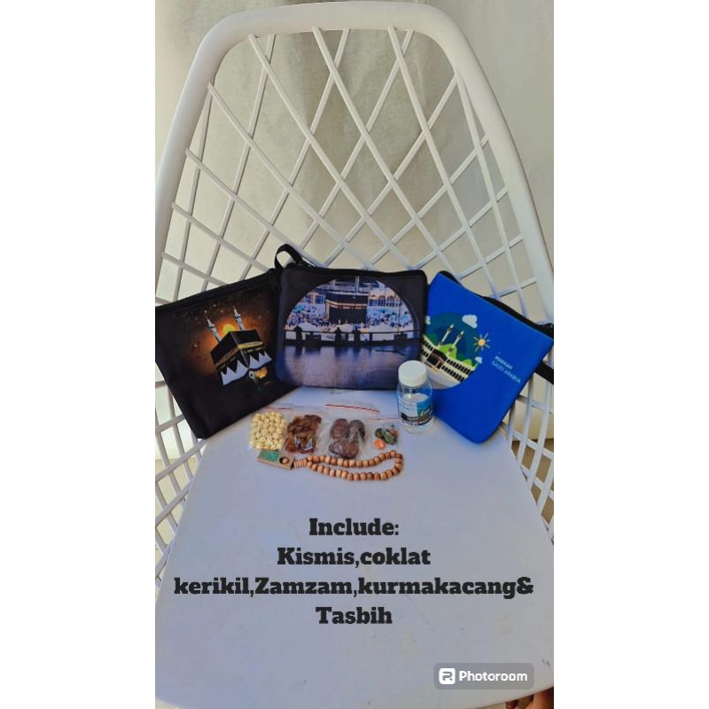

Paket Oleh oleh Haji Pouch+Isi (Kurma,zamzam,kismis,kacang &Tasbih)