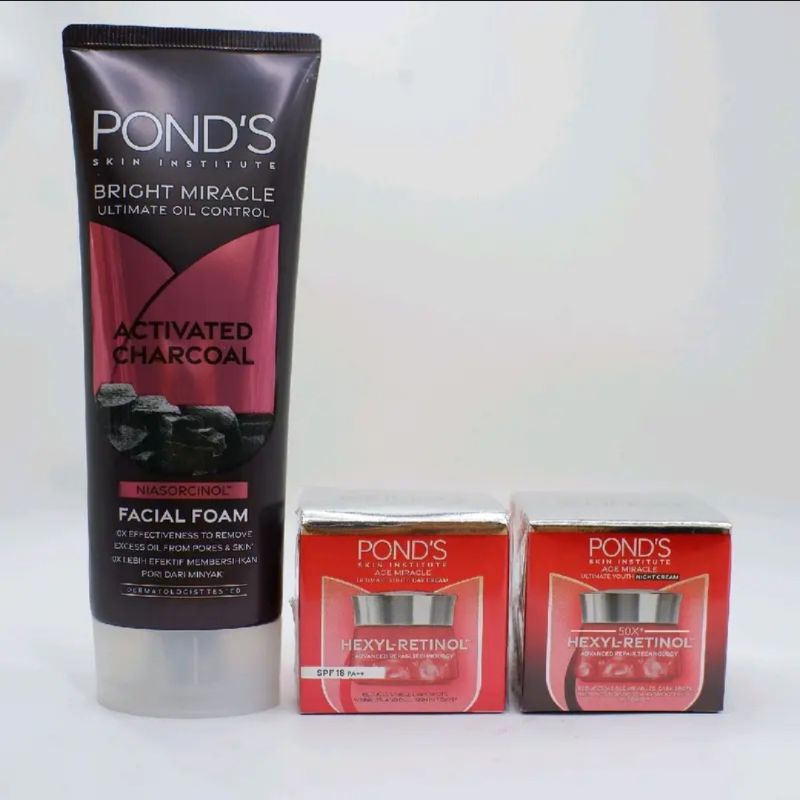 Paket 3in1 Cream Ponds Age Miracle Siang Malam & Charcoal Facial Foam 100g 50g