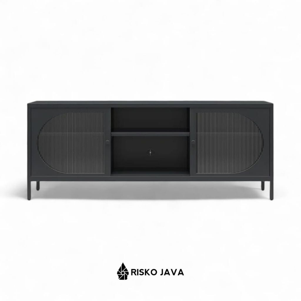 Meja Tv Kayu Jati Natural Black / Cabinet Tv Pintu Sliding Kaca / Bufet Tv Minimalis | BADER