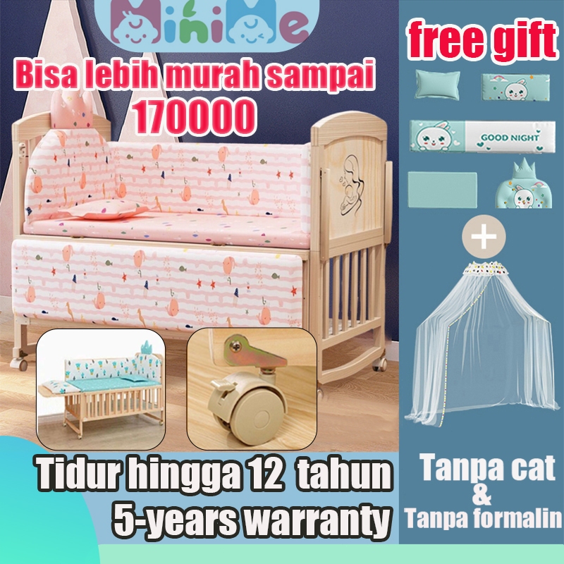 tempat tidur bayi kayu padat【Tanpa Cat & Tanpa Formalin】Tempat Tidur Bayi 0-10 Tahun/Box Bayi