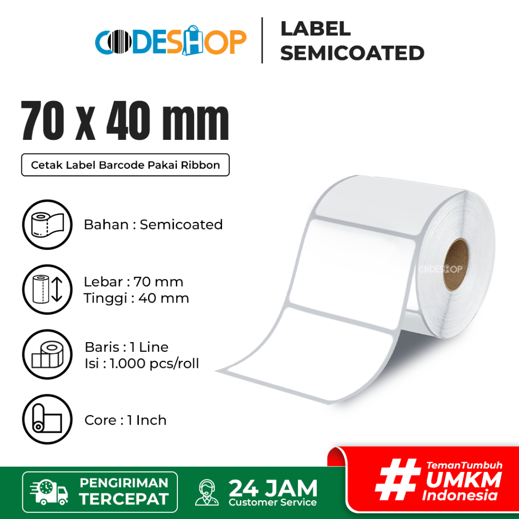 

Stiker Label Semicoated 70x40 mm 1 Line isi 1000 Pcs Core 1"Gap Perforasi