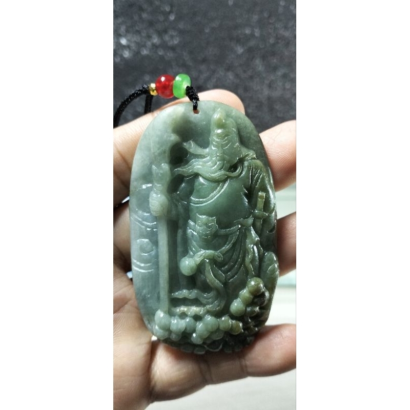 LIONTIN BATU GIOK ASLI BURMA NATURAL JADEITE JADE UKIRAN DEWA KWAN KONG 7208