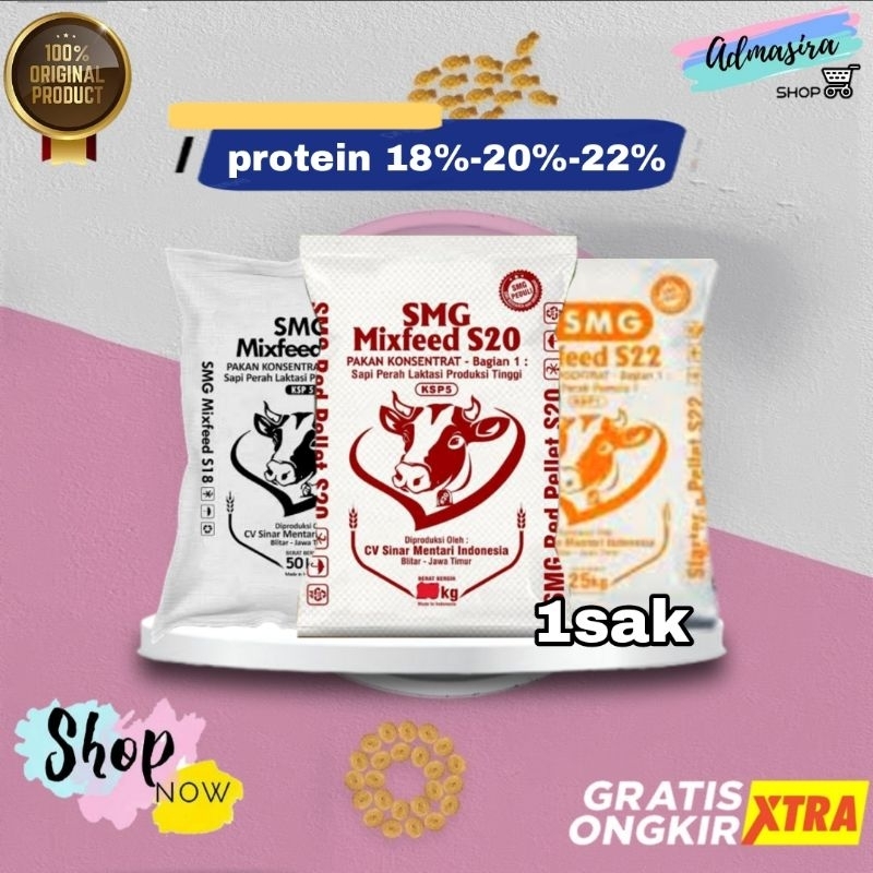 Konsentrat Sapi SMG Mixfeed S18 S20 S22 50kg Karungan 1 Sak Konsentrat Protein Tinggi Nutrisi 18% RU