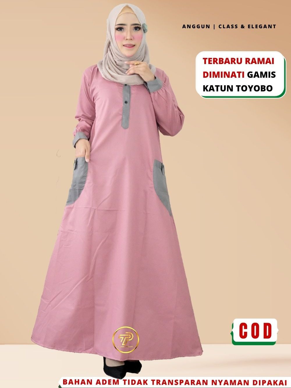 Baju Gamis Wanita Bahan Katun Toyobo Premium Kombinasi 2 dua Warna Terbaru Kekinian Busui B13