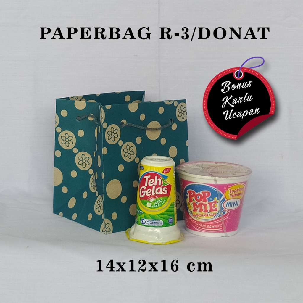 

[1 Lusin] PAPERBAG BONUS KARTU UCAPAN UKURAN R-2 (P14 x L12 x T16 CM) TAS KERTAS SOUVENIR UNTUK DONAT DAN SEUKURANNYA