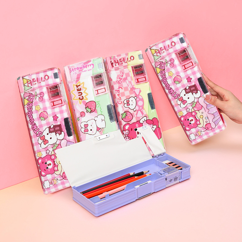 

MATOUGUI KIDS - Kotak Pensil Model Tutup Jepret Magnetik Anak Perempuan Tempat Pensil Multifungsi Motif Storage Box Lapisan Ganda Tunggal Dengan Rautan Kapasitas Pencil Pola beruang stroberi kartun