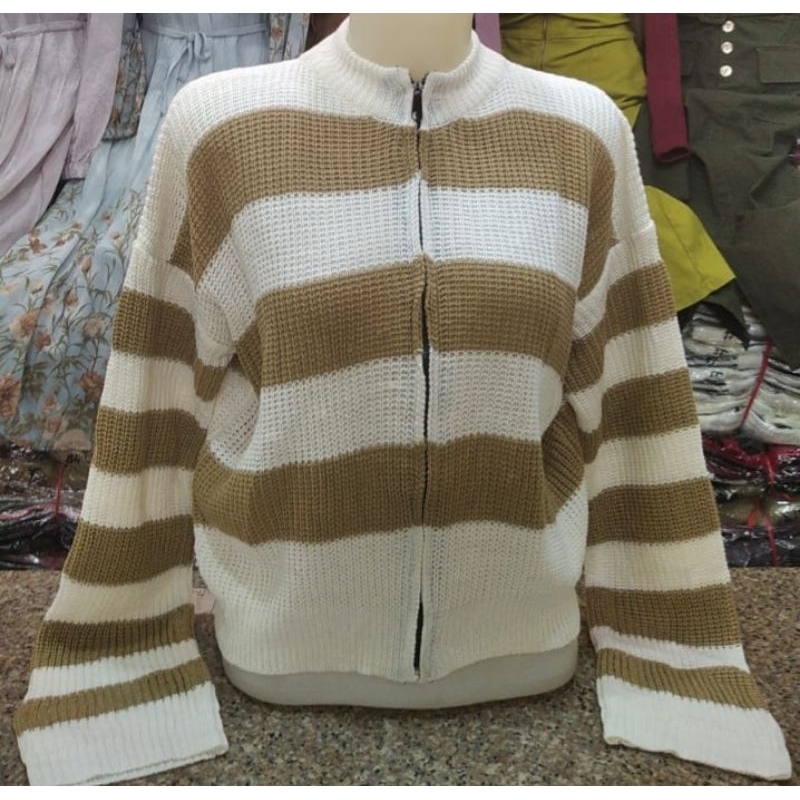 Cardigan Rajut - Outer Rajut - Jaket Rajut Wanita Cewek Model Terkini Motif  Salur Garis Resleting