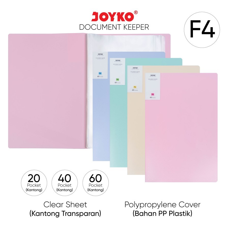 

Joyko Folder Dokumen F4 Folio 20 Pocket Pastel DK-B20F4 Original (1 PCS) / Document Keeper Folio Joyko F4 Warna Pastel 20 Kantong Per Pcs