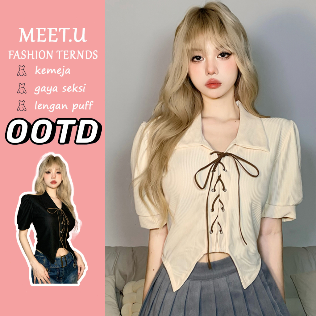 MEET.U 【Gaya Seksi】 Blus Kerah Polo Lengan Puff Gaya Korea Atasan Wanita Lengan Pendek