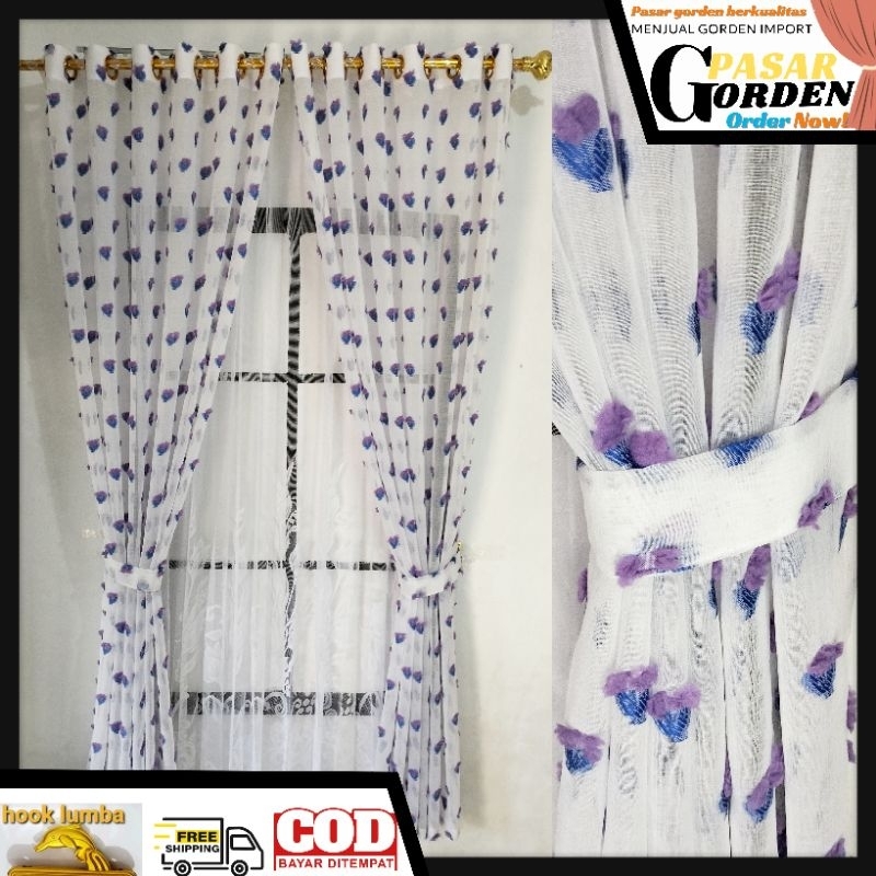 gorden Vitrase jendela Ruby motif bunga biru ungu model smokring Ukuran L.130 × T.250cm