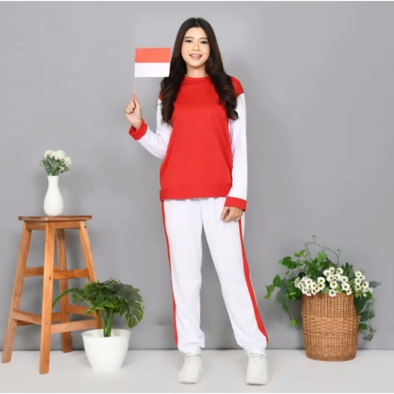 QH Setelan baju merah putih one set merah putih baju olahraga senam oversize