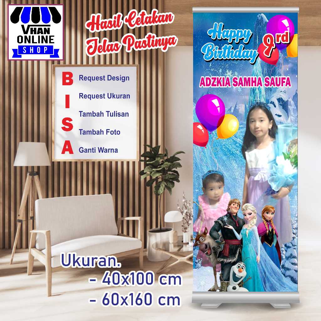Design Banner Spanduk MMT Ulang Tahun Anak Dengan Motif Frozen