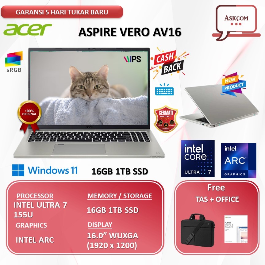 Acer Aspire Vero AV16 Ultra 7 155U 16GB 1TB SSD W11 OHS 16.0WUXGA 100SRGB BLIT FP EVO 51P.735D