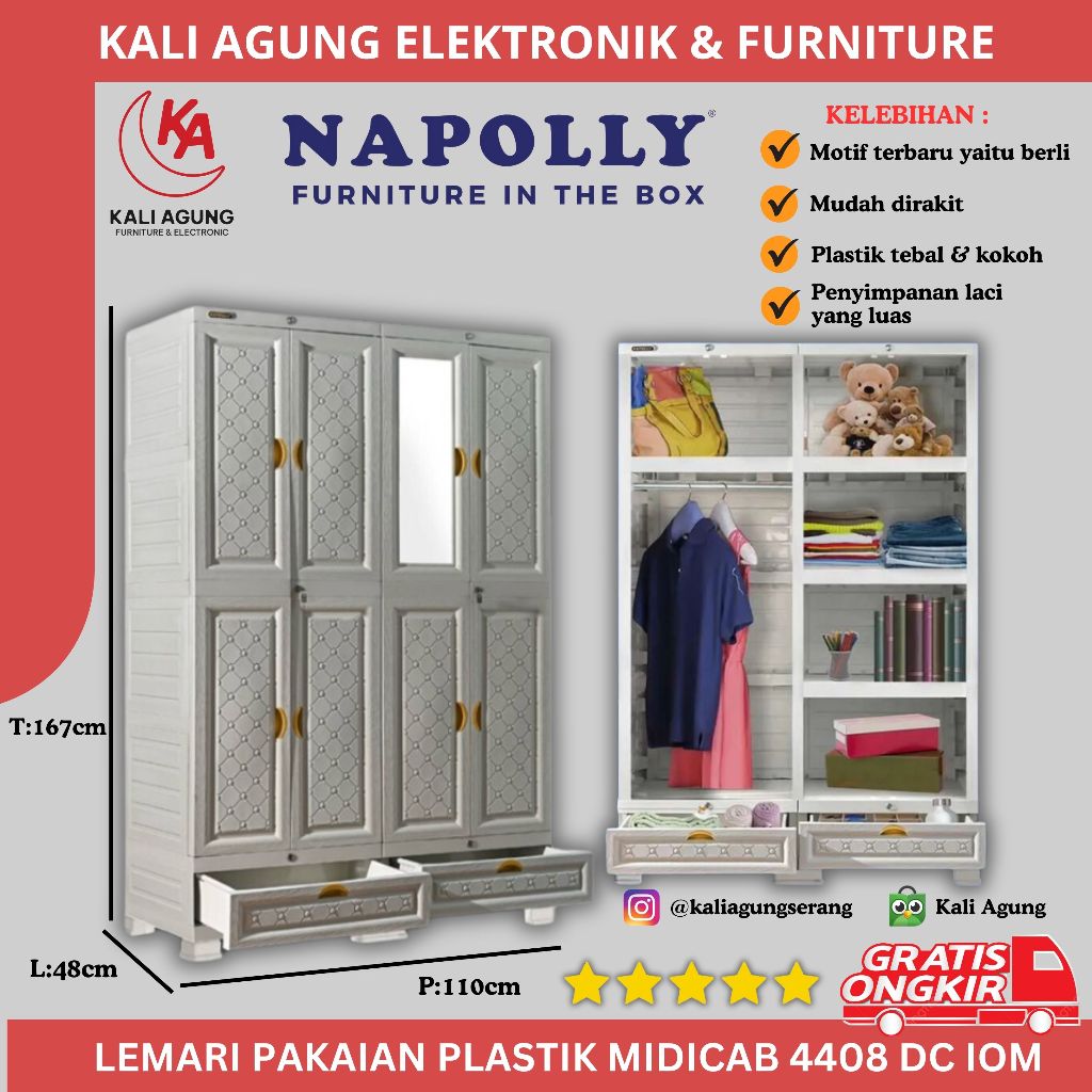 LEMARI PAKAIAN PLASTIK / NAPOLLY / NAPOLI / NAPOLY / MIDICAB 4408 ION / GRATIS KIRIM SERANG KOTA