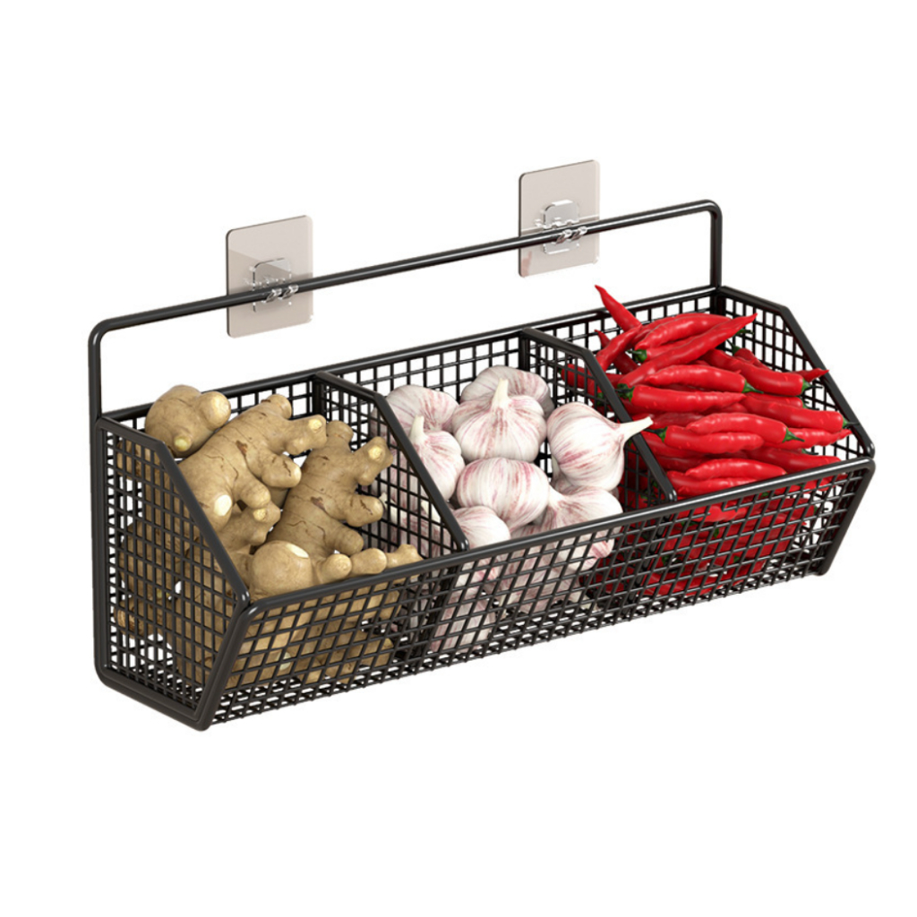 【GOGOMART】Keranjang Gantung Penyimpanan Bumbu / Rak Gantung Kosmetik 3 Sekat / Rak Besi Organizer Da