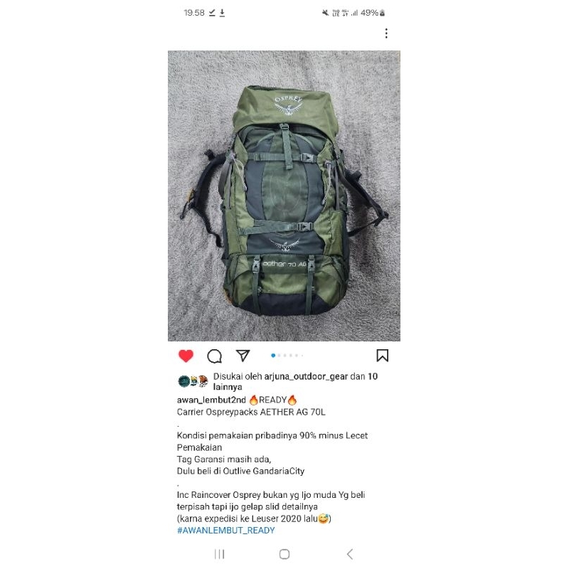 CARRIER OSPREY AETHER AG 70L GREEN