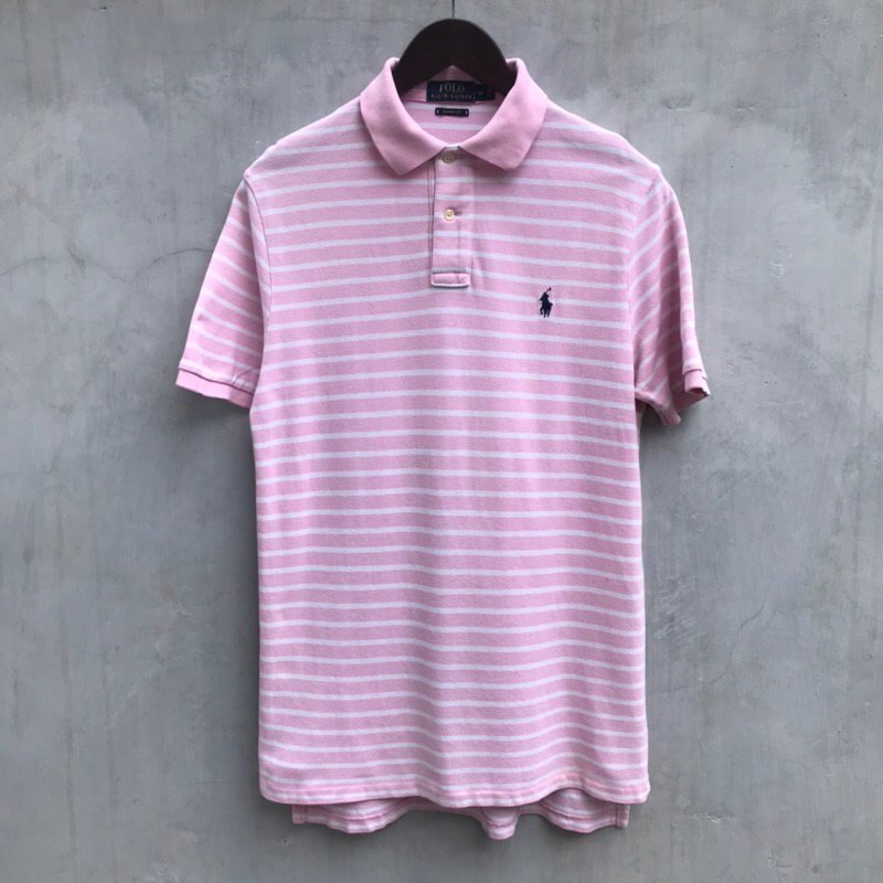 Kaos Kerah by Polo Ralph Lauren Stripe Polo Shirt Pink/White Medium