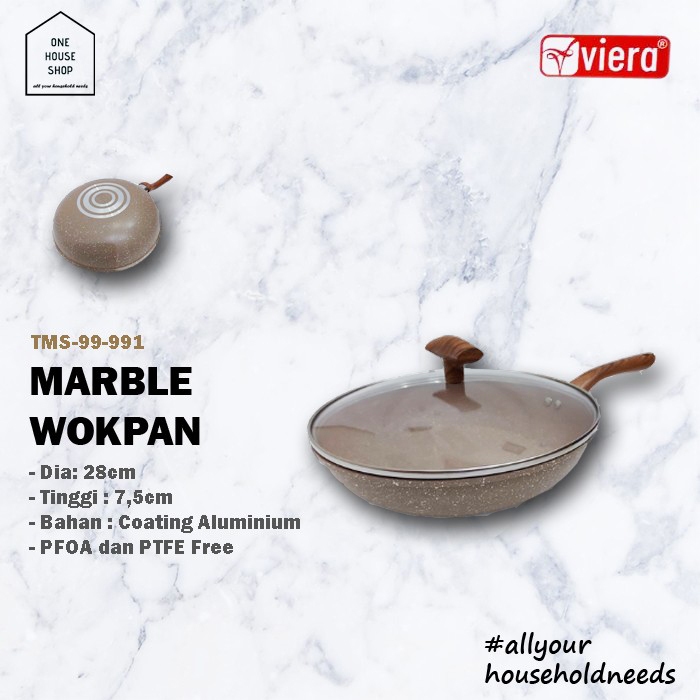 Wajan Wok Pan Anti Lengket Marble Aluminium Wok VIERA 28 cm Tutup Kaca