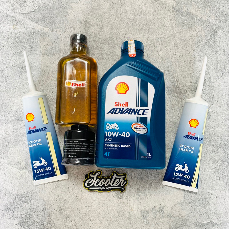 Paket Oli Mesin Shell Vespa Matic 3V iGet (Oli Mesin Oli Gardan Filter Oli)