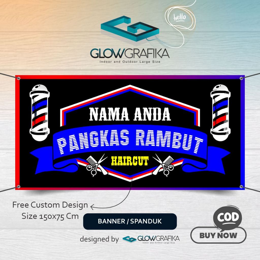 Cetak Spanduk Banner Pangkas Rambut Biru Hitam Keren