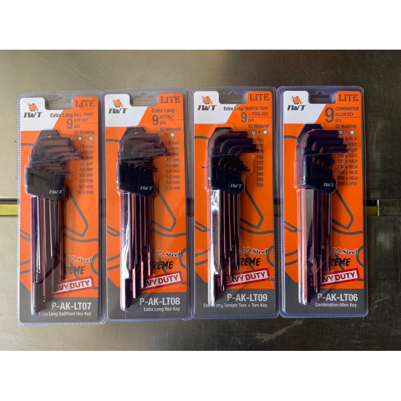 Kunci L set panjang 9 pcs S2 STEEL IWT JAPAN HEX-HEX/FLAT-BALL/TORX-TORX/FLAT-TORX EXTREME HEAVY