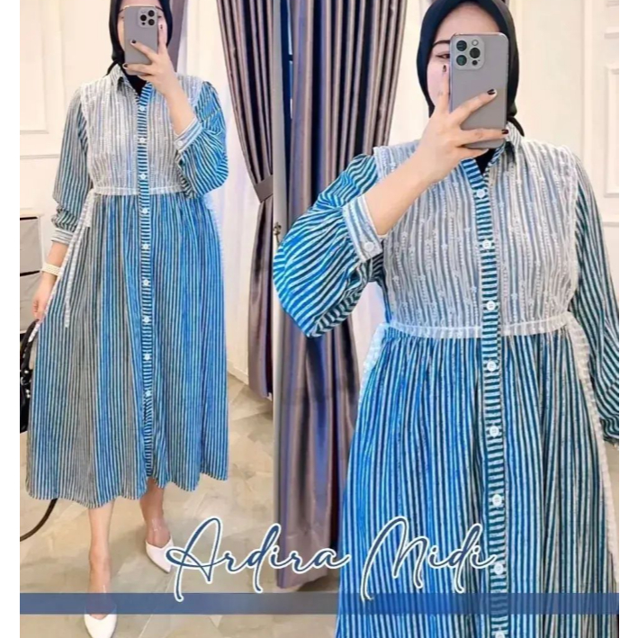 Ardiara Dress Bahan Katun Salur Mix Brukat Tille Kancing depan  Dress Wanita Terbaru 2024 Gamis Kond