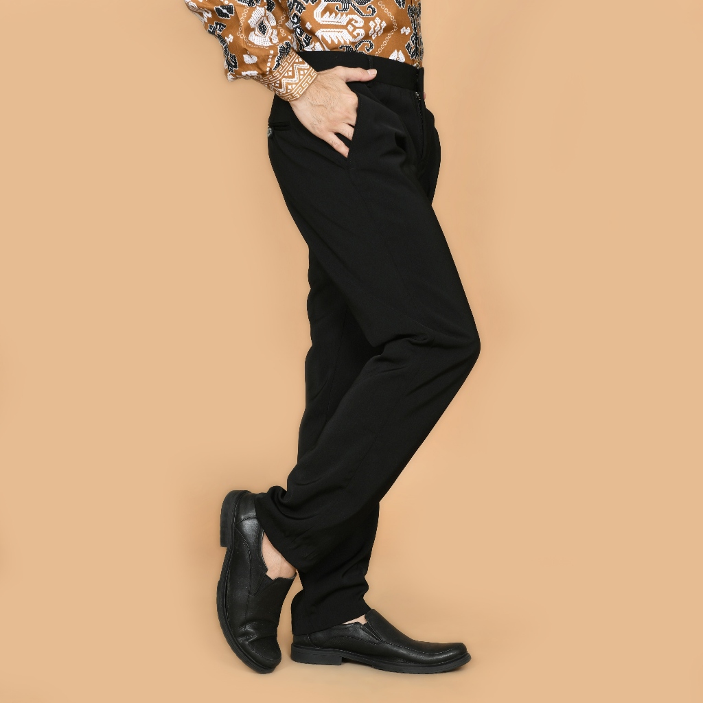 SumberRejekiJeans - MOERBA Celana Formal Panjang Hitam Pria Slimfit Kain Kantor Kerja Tebal Halus Ra